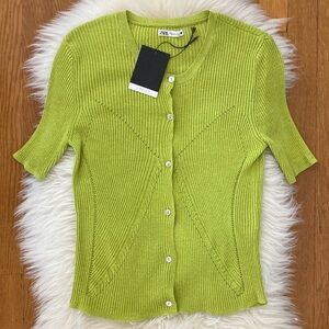 NWOT Zara Metallic Ribbed Knit Short-Sleeve Cardigan